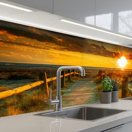 KitchenYeah© Küchenrückwand Selbstklebend Küchenspritzschutz Rückwand | 80x150 cm - Wandschutz Ohne Bohren Spritzschutz Wand Wandverkleidung Sonne - Strand - Düne - Horizont - Gras - Weg - Orange