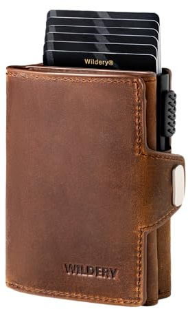 Wildery® Premium Leder Geldbörse Herren – Slim Wallet aus Echtleder, Smart Wallet, Kartenetui & Kartenhalter, Geldbeutel RFID Schutz, Portemonnaie Männer, Portmonee Herren (Mit Münzfach, Dunkelbraun)