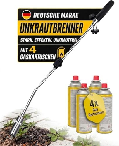 Fabona Unkrautbrenner [1100°] mit Piezozündung – professionelles Abflammgeraet mit robustem Griff & stufenloser Flammenregelung – ergonomischer Unkrautvernichter 80 cm – inkl. 4 Gaskartuschen