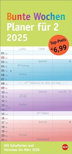 Bunte Wochen Planer für 2 2025: Praktischer Wandplaner für zwei mit 3 Spalten. Wandkalender mit Schulferien und 3-Monats-Ausblick. Terminkalender 2025 zum Eintragen. (Bunte Wochen Planer Heye)