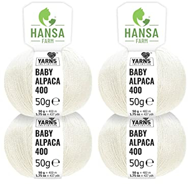HANSA-FARM | 100% Baby Alpakawolle in 50+ Farben (kratzfrei) - 200g Set (4 x 50g) - weiche Alpaka Wolle zum Stricken & Häkeln in 6 Garnstärken by Hansa-Farm - Natur (Weiß/Wollweiß)