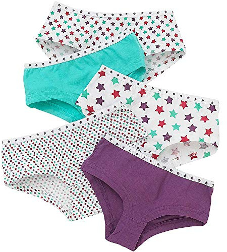 Just Essentials Girls Back to School 5 Pack Cotton Star Print Hipster Briefs UK Seller - Turq-Purple - 5/6 Years