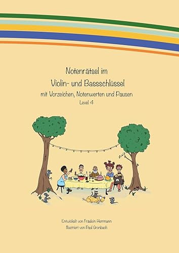 Notenrätsel im Violin- und Bassschlüssel: mit Vorzeichen, Notenwerten und Pausen - Level 4