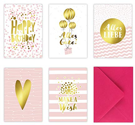 5 Geburtstagskarten im Set inkl. Umschläge in pink. Rosa Glückwunschkarten zum in DIN A6 mit edler Folienprägung in Gold. Klappkarten zum Geburtstag, Hochzeit, Geburt, Firmung, Konfirmation