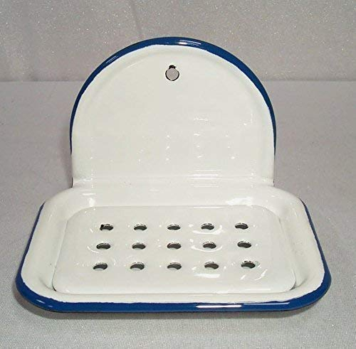 Emaille Seifenschale, Nostalgie Seifen Halter zum Hängen 2 teilig, weiß- blau
