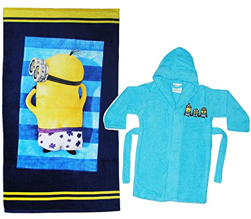 alles-meine.de GmbH 2 TLG. Set Strandtuch & Frottee Bademantel - Minion - Ich einfach unverbesserlich - 7 bis 11 Jahre/Gr. 134-146 - 100% Baumwolle - mit Kapuze - für ..