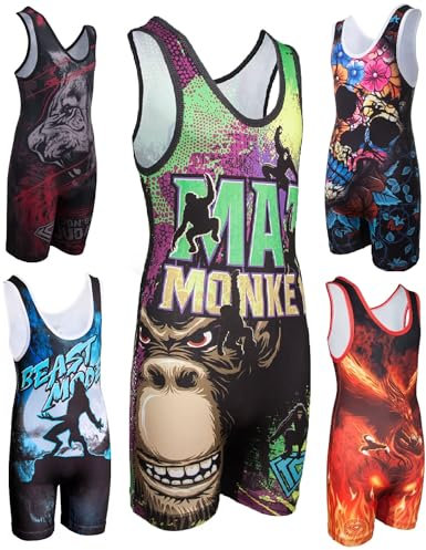 KO Sports Gear Unisex-Wrestling-Unterhemd, bequem und atmungsaktiv, 4-Wege-Stretch, vollständige Auswahl an Jugend- und Erwachsenengrößen, Mat Monkey, Adult XS 70–90 lbs (31.7–40.8 kg)