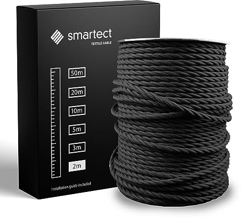smartect Cable Textil Trenzado en Color Negro, Cable Electrico 3 Hilos de 2 Metros (3 x 0,75 mm²) Cuerda para Lampara con Revestimiento Textil para su Proyecto DIY