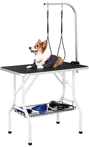 Yaheetech Mesa Peluqueria Canina Mesa Aseo para Perros/Gatos/Mascotas con 2 Correas Altura Regulable Ajuntable Superficie de Trabajo Antideslizante Más Grande
