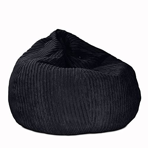 rucomfy Beanbags Slouchbag Large Corduroy Bean Bag Chair - Adult Bean Bag with Filling - Home Furniture Seating for Living Room or Bedroom - Machine Washable - 80 x 110cm (Black, Beanbag)