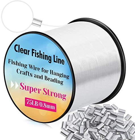 Acejoz Fishing Wire, 656FT Fishing Line Clear Invisible Hanging Wire Strong Fishing String Supports Up to 70 Pounds with 100Pcs Aluminum Crimping Loop Sleeve for Craft Balloon Garland Hanging