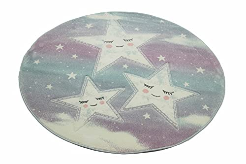 Teppich-Traum Runder Kinderzimmer Teppich Spielteppich Himmel Wolken Sterne Design blau Creme Größe 120 cm rund
