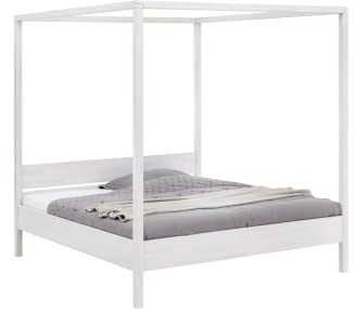 WOODLIVE DESIGN BY NATURE Himmelbett Sky, 180 x 200 cm Massivholzbett aus Kernbuche, geradliniges Bett aus massivem Holz, hochwertiges Doppelbett mit Himmel & Komforthöhe, weiß