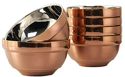 Meisha Cuenco pequeño de acero inoxidable 304 de doble pared aislado para sopa de trigo y paja para ensalada, frutero, 340 ml, juego de 6 unidades, color oro rosa