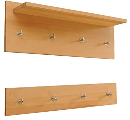 Holz-Projekt-Summer Wandgarderobe 2-teilig Buche mit Ablage und Kleiderhaken Wandpaneel Garderobe Hakenleiste Paneel Dielenmöbel Flurgarderobe (60cm breit)