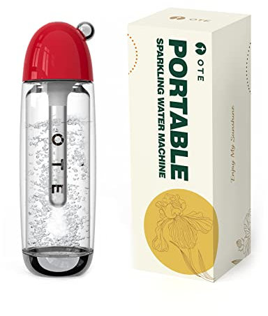 OTE Tragbar Wassersprudler, Sprudelwasser Maschine 450ml Soda Maker, Mini 8g Zylinder, Wasser Sprudel Gerät Keine Elektrizität, Doppellagige PET-Flasche, BPA-Frei, Rot(Keine CO2-Zylinder)