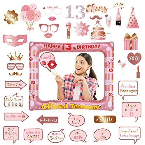40Pcs Aufblasbarer Fotokabine Rahmen und Requisiten 13.Geburtstag,Fotoautomat Requisiten Roségold Geburtstag Deko,Foto Requisiten Selfie Rahmen für 13.Geburtstags Party Dekoration Favor Supplies