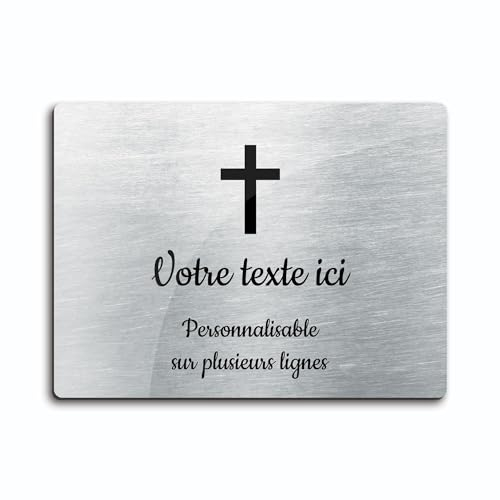 Placa grabada funeraria con diseño de cruz cristiana autoadhesiva modelo rectangular (20x15 cm) personalizado 1-3 líneas Alu cepillado