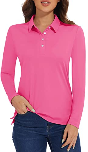 MAGCOMSEN Polo Shirts Damen Funktions Poloshirt Langarm UPF 50+ Laufshirt Langarmshirt Tennis T-Shirt Fitness Trainingsshirt, Rosa L