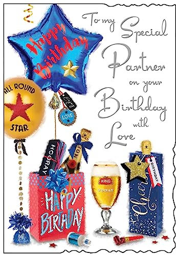 Jonny Javelin Geburtstagskarte für Männer, Bier, Luftballons und Geschenke, geprägt mit Folien-Details, hergestellt in Großbritannien