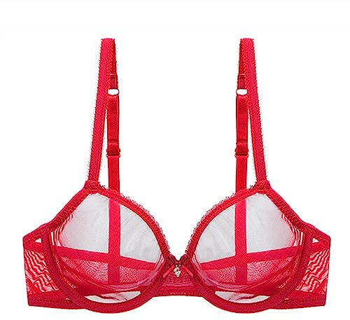 Kontvom Women’s Sexy Lace Bra Sheer See Through Unlined Underwire Bras Mesh Non Padded Ultra Thin Clear Bralette Red 38E