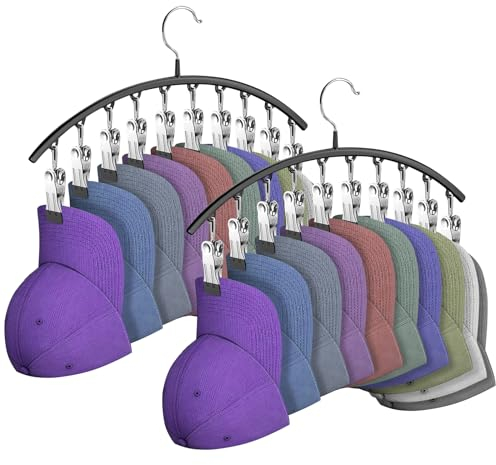 QIUKUN Hat Hangers for Closet Metal Hat Organizer Racks for Baseball Caps 2 Pack Door Hat Racks for Baseball Caps with 10 Large Clips, Baseball Hat Holder for Closet Storage (Black)