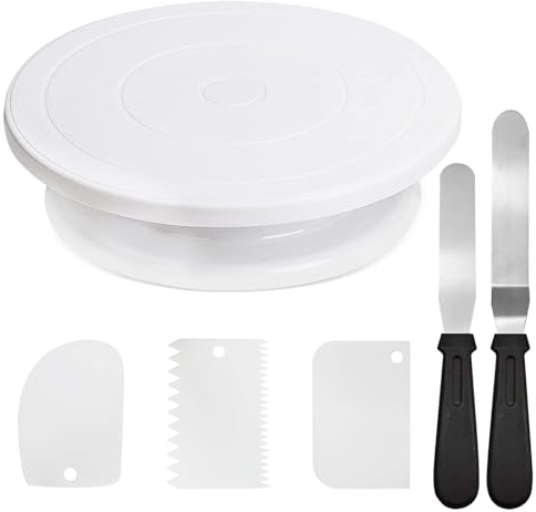 MeYuxg Tortenplatte Drehbar, Drehbare Tortenplatte Bringen 2 Tortenspachtel und 3 Tortenschaber, Geeignet für Anfänger und Profis Drehteller Torte Tortenplatte mit Fuß (6 Teiliges Set)