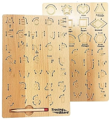 Learning Alphabet and Numbers Practice Board 30x20cm Double-Sided Letter Practice Tool Tracing Board - Wooden Writing Board Educational Toy - Gifts for Toddler Preschool Children