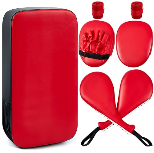 Poen 7 in 1 Taekwondo Kick Pad Boxing Training Equipment Punching Mitts Martial Arts Wrist Band Adjustable Soft Pads Set for Karate Muay Thai MMA Training(Red,Classic)