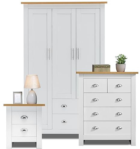 Blisswood Bedroom furniture Set 3 Door Wardrobe & 3+2 Drawer Chest of Drawer + 2 Drawer Bedside Table Cabinet Bedroom Furniture Set for Bedroom Storage Furniture Set (White & Oak)
