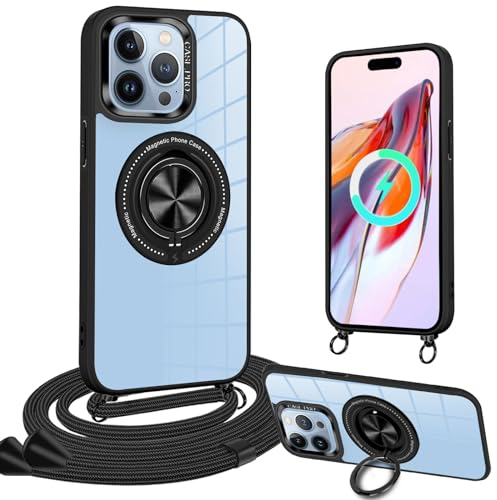Funda Magnética con Cuerda para iPhone 14 Pro Max con Soporte Carcasa Transparente [Compatible con MagSafe], Antigolpes Anti-Arañazos Acrílico Funda con Cordón Ajustable para iPhone 14 Pro Max, Negro