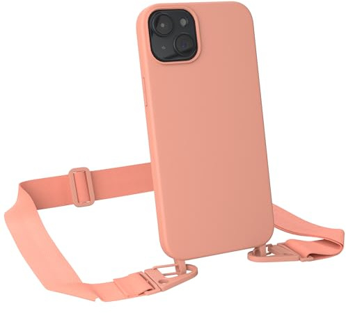 EAZY CASE - Hülle mit Band kompatibel mit iPhone 15 Plus Handyhülle mit Umhängeband Silikonhülle Schwarz Handykette zum Umhängen Handykordel Schutzhülle für Smartphone in Korall - Clips Korall
