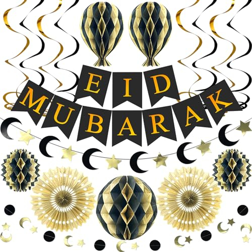 Eid Mubarak Festival Party Dekoration Set, Islam Deko,Dekoration Banner,Ramadan Deko,Ramadan Mubarak,Wiederverwendbare(Schwarzes Gold)