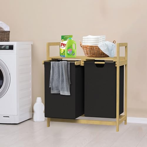 ML-Design Cesto para la Colada de Bambú Negro Caja para la Ropa Sucia con 2 Compartimentos Recogedor con 2 Bolsas Extensibles 60 L Cubo con Estante Clasificador para el Cuarto de Baño
