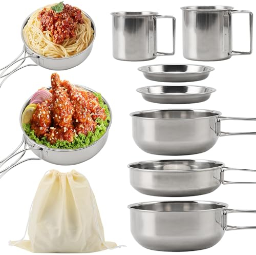 Camping Kochgeschirr Set 4 teiligtes Edelstahl Camping Topf Outdoor Topfset Camping Kochset Outdoor Geschirr Camping Kochtopf für Wandern Picknick Faltbar Camping Pfanne Stapelbar