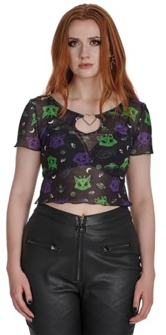 Banned Alternative Top Alien Space Cat UFO Katze Mesh Oberteil Space Kitty