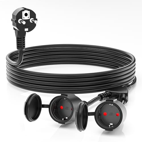 3M Verlängerungskabel Außen mit 2 Schuko-Steckdosen, Verlängerungskabel Outdoor IP44, Doppel-Verlängerung für Den Außenbereich mit Schutzkontakt 2-Fach Steckdosen, 16A/250V, Schwarz