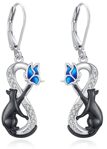 Eusense Schwarz Katze Ohrringe Schmetterling Ohrringe 925 Sterling Silber Ohrgehänge Schmuck Geschenk für Katzenliebhaber Frauen Mädchen
