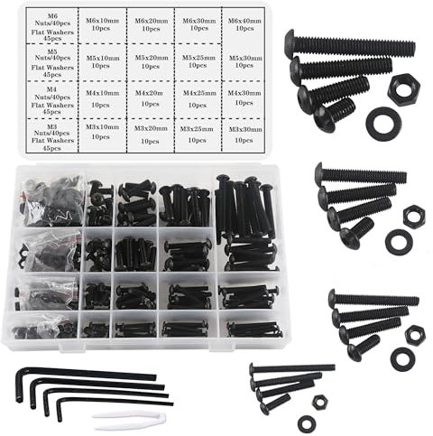huruirui 500pcs Tuercas y Tornillos M3 M4 M5 M6 Juego de Tornillos y Tuercas Hexagonales Tornillos Allen de Acero con Acero al Carbono Negro Tuerca Perno Arandela Plana Juego de Llaves