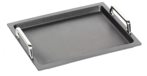 AMT Gastroguss Gastronorm - Grillplatte GN 2/3 glatt, induktionsgeeignet, 35,4 cm x 32,5 cm, 2 cm hoch, mit Edelstahlgriffen, Lotan® Antihaft-Veredelung, AMZN-I-23733-G