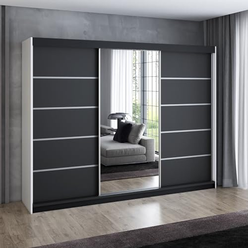 A&J MöbelLand Schwebetürenschrank VILANO 3, 3-türig Schrank 200 cm Kleiderschrank mit 4 Schubladen, und Spiegel (Weiß, Schwarz, Somona) (Weiß/schwarz/schwarz)