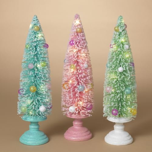 One Holiday Way Set of 3 15.5-Inch LED Lighted Pastel Pink, Blue, Green Bottle Brush Christmas Trees for Tabletop - Vintage Modern Figurine Xmas Shelf Home Decor