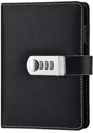 Kabelife Tagebuch mit Schloss A6 Glänzt Einfarbig Notizbuch mit Passwort Leder Notizblock Reisetagebuch mit Zahlenschloss nachfüllbar Ringbuch（Schwarz