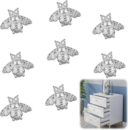 MOROBOR Silver Bee Drawer Knobs, 8PCS Metal Zinc Alloy Single Hole Knobs Decorative Bee Knobs Creative Furniture Handle with Screws for Cabinet Wardrobe Drawer Dresser