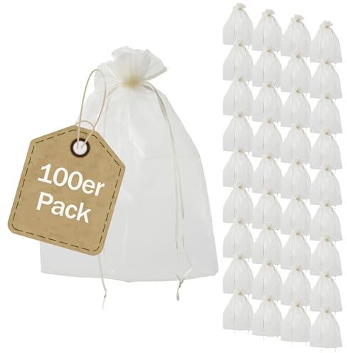 SPRINTIS Organzasäckchen 15 x 20 cm, 100 Stück, creme mit Satinbandverschluss, hochwertige Säckchen zum Befüllen für Hochzeit, Weihnachten, Schmuck und kleine Geschenke