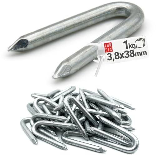 LUN FIX Krampen 3,8x38 mm verzinkt 1 kg ca.160 Stk verzinkt, Krampennägel | U Haken Nägel für Zaunbau, Stahlkrampen Zaunklammern für Drahtgitter, Staketenzaun, Wildzaun, Zaunbefestigung