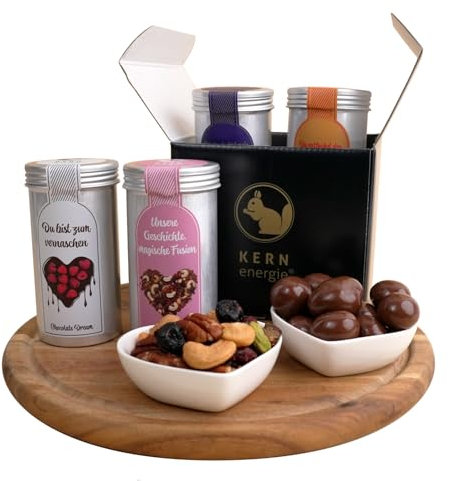 KERNenergie Nuss Geschenk Set – Geschenkidee für Paare – Valentinstag - Geschenke für Männer und für Frauen – 4 Nuss- und Schokoladen Snacks – 4x90g