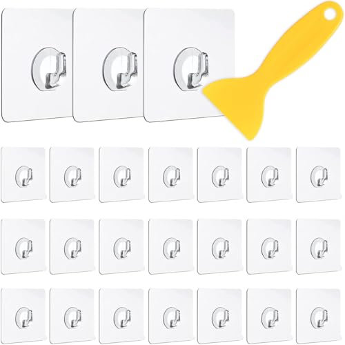 24 Piezas Ganchos Adhesivos Transparente, con 1 raspador,Gancho Pared,Gancho Autoadhesivo Impermeabl Sin perforación,Carga máxima de 15 kg, para Colgar Toallas, Llaves, Ropa, Baño, Cocina, Puerta