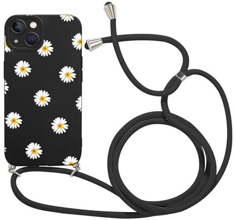 Kueqeay Coque avec Cordon pour iPhone 15 6,1 avec Motif Marguerite Noir Case, Aesthetic Silicone étui avec Collier Réglable Corde Souple TPU Antichoc Housse de Protection pour Femmes, 05