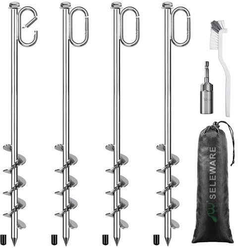 SELEWARE 4ER Erdanker Bodenanker Trampolin Outdoor - Sturmanker Zeltheringe Edelstahl Stark Zelt Heringe für Schaukel Wandern Trampoline Zelt Schuppen Camping